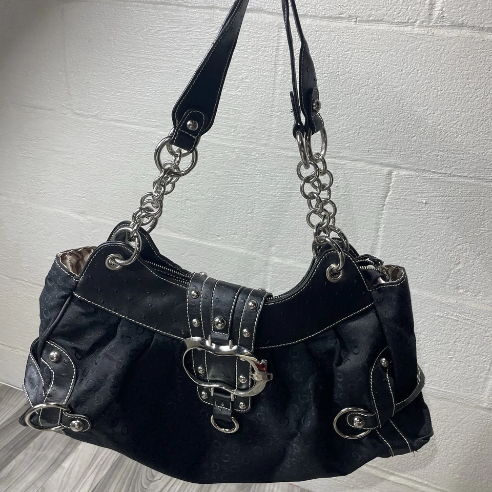 Vintage GUESS Monogram Baguette Shoulder Bag Black Womens Y2K RARE - Image 1 of 4