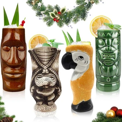 Juego de 4 tazas de cóctel Tiki - tazas de cóctel hawaianas grandes de cerámica vajilla... Foto 1 de 4