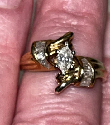 DIAMOND ENGAGEMENT COCKTAIL RING YELLOW GOLD I color MARQUISE BAGUETTE KAY $2699 - Image 1 of 4