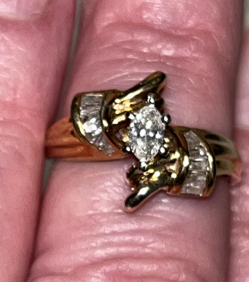 DIAMOND ENGAGEMENT COCKTAIL RING YELLOW GOLD I color MARQUISE BAGUETTE KAY $2699 - Image 1 of 1