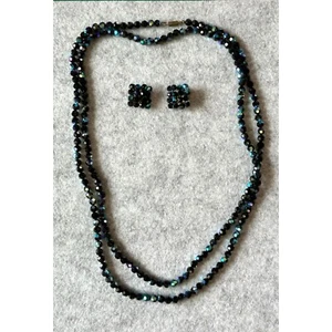 Black AB Faceted Beaded Necklace and Clip Earrings Flapper Double or Single - Picture 1 of 9