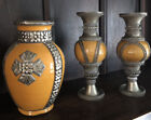 Vintg Morrocan Set of 3 Handcrafted Safi Vases/Candle Holders w/ Silver Overlay