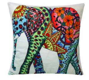 Multicolored Aztec Print Elephant Chenille Cotton 17x17 Bed, Sofa Cushion Cover - Picture 1 of 1