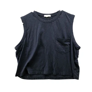 Rag & Bone Cropped Tank Top Womens M Navy Blue Crewneck Pocket Tee Pima Cotton - Picture 1 of 11