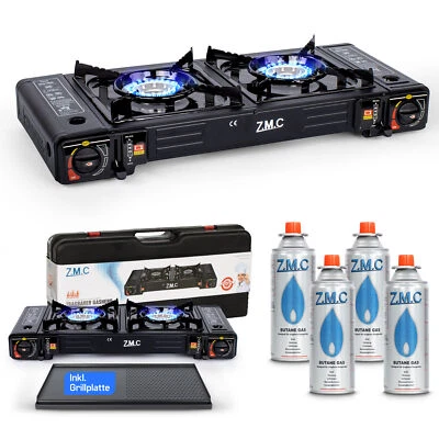 2 flammig Campingkocher Outdoor Camping Gas Kocher Grillplatte + 4x Gaskartusche - Bild 1 von 4