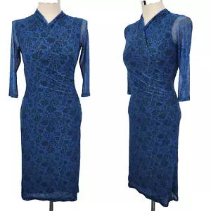 Betabrand Travel NWT Wanderlite Sheath Dress Large Blue Floral Ruched Stretch - Picture 1 of 10