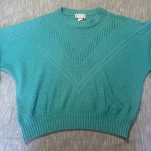 Keneth Too vintage teal acrylic crew neck knit sweater short length women 7 - Picture 1 of 10