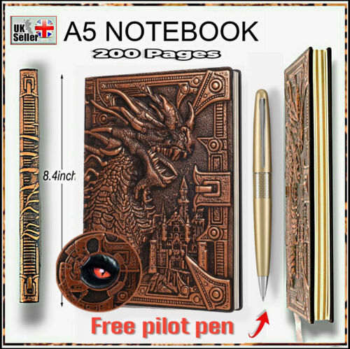 Dragon Notebook 200 Page Book 3D Bronze Dragon  leather Cover + FREE Pilot pen