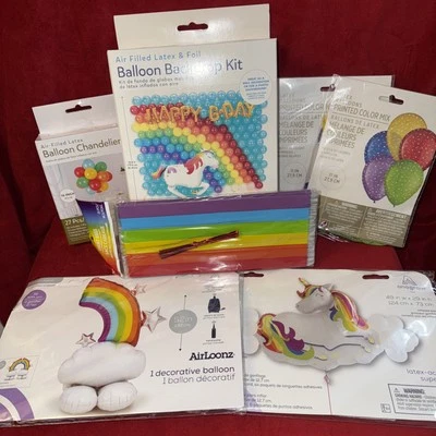 LOTE FIESTA UNICORNIO: Telón de fondo, globos de papel de aluminio y látex, bolsas de golosinas, araña 376 piezas Foto 1 de 4