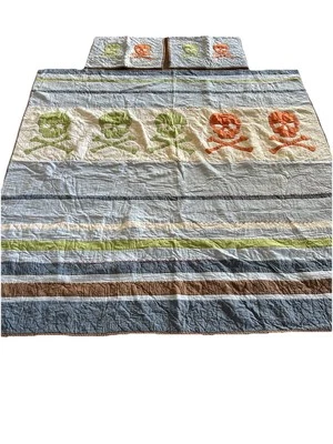 Pottery Barn Kids Skull Crossbone  Embroidered Quilt Queen Full & 2 Shams RARE - Image 1 of 4
