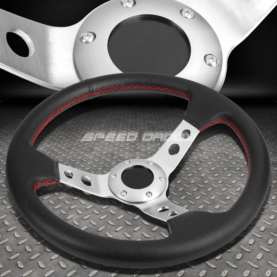 350MM 3" PLATO PROFUNDO 6 PERNOS PLATA VOLANTE CARRERAS COSTURAS ROJAS + BOTÓN BOCINA Foto 1 de 4