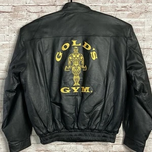 GOLDS GYM Mens Black Leather Jacket Yellow Embroidery Large Snap Coat NEW - Picture 1 of 18
