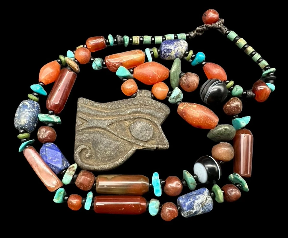 Mezcla de cuentas de piedra antiguas vintage Neaclace, lapislázuli turquesa ágata Wadjet ojo amuleto Foto 1 de 4