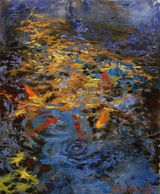 Hand Painted Oil Painting Landscape Fall Leaves & Koi 10x8" stretched canvas COA - Image 1 of 4