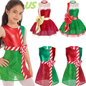 US Kid Girls Christmas Dress Costume Sleeveless Back Cutout Sequins Romper Skirt - Picture 1 of 41