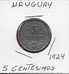 URUGUAY 5 CENTESIMOS 1924 RADIANT SUN DESIGN,VALUE WITHIN WREATH - Picture 1 of 2