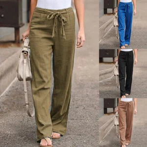 Women Casual Elastic Waist Pants Straight Trousers Loose Long Pants Summer Home - Picture 1 of 18