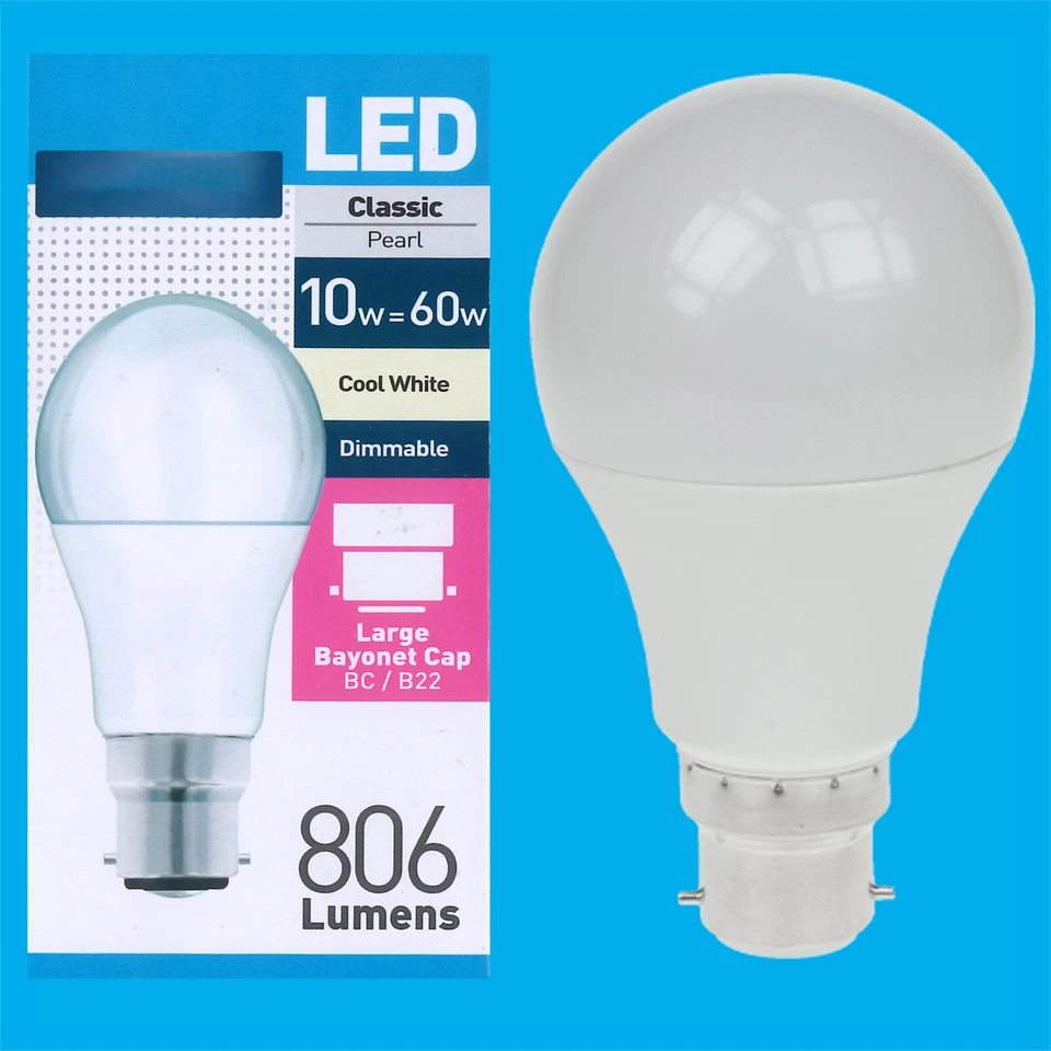 2x 8.5W = 60W Pearl Dimmable LED GLS Bayonet Cap BC B22 Cool White 4000k 806lm - Image 1 of 1