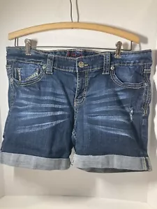 Ariya Jeans Shorts size 13/14 Womens Denim Blue jeans Low Rise Stretch embellish - Picture 1 of 19