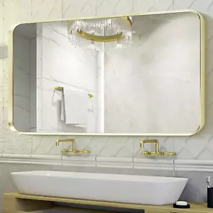 Gold Metal Framed Bathroom Mirror for Wall, Large Brushed Gold Rounded Corner Re - Picture 1 of 7