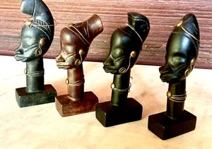 4 VINTAGE AFRICAN TRIBAL HAND CARVED SOLID WOOD HEAD STATUES WIRE ACCESSORIES - Picture 1 of 11