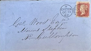 GB QV 1862 CUBIERTA PENIQUE ESTRELLA ROJA 'PI' EXETER A CULLOMPTON DT 11 DE OCTUBRE DE 1862. - Imagen 1 de 2