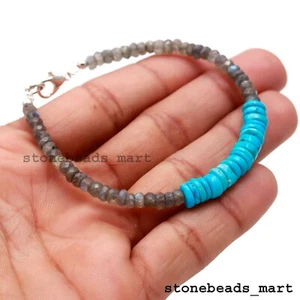 925 Sterling Silver Dainty Labradorite+Sleeping Beauty Turquoise Bracelet 7" - Picture 1 of 9