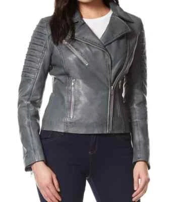 Motocicleta Informal Para Mujer Nueva Gris Hecha a Mano Elegante Chaqueta Cuero Piel de Cordero Suave Foto 1 de 4