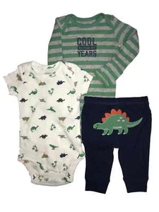 Carters Infant Boys 3 Piece Green Striped & Dinosaur Baby Bodysuit Outfits - Picture 1 of 1