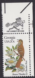 USA 1962/1962a State Birds & Flowers Georgia 20c Zip Single UR MNH 1982 - Bild 1 von 1