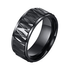 8mm Black Men Ring, Gothic Textured Stainless Steel Wedding Band Finger Jewelry