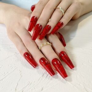 Red Rose Pattern Design False Nails Coffin Artificial Nails Tips Full Fake Nails