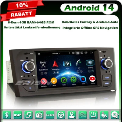 8-Kern DAB+ 4+64GB Android 14  Autoradio CarPlay GPS für Fiat Grande Punto Linea - Bild 1 von 4