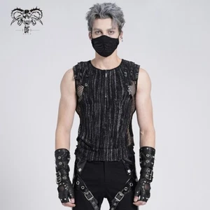 Devil Fashion Men Black Gothic Punk Striped Mesh Splicing Sleeveless T-Shirt Top - Picture 1 of 24