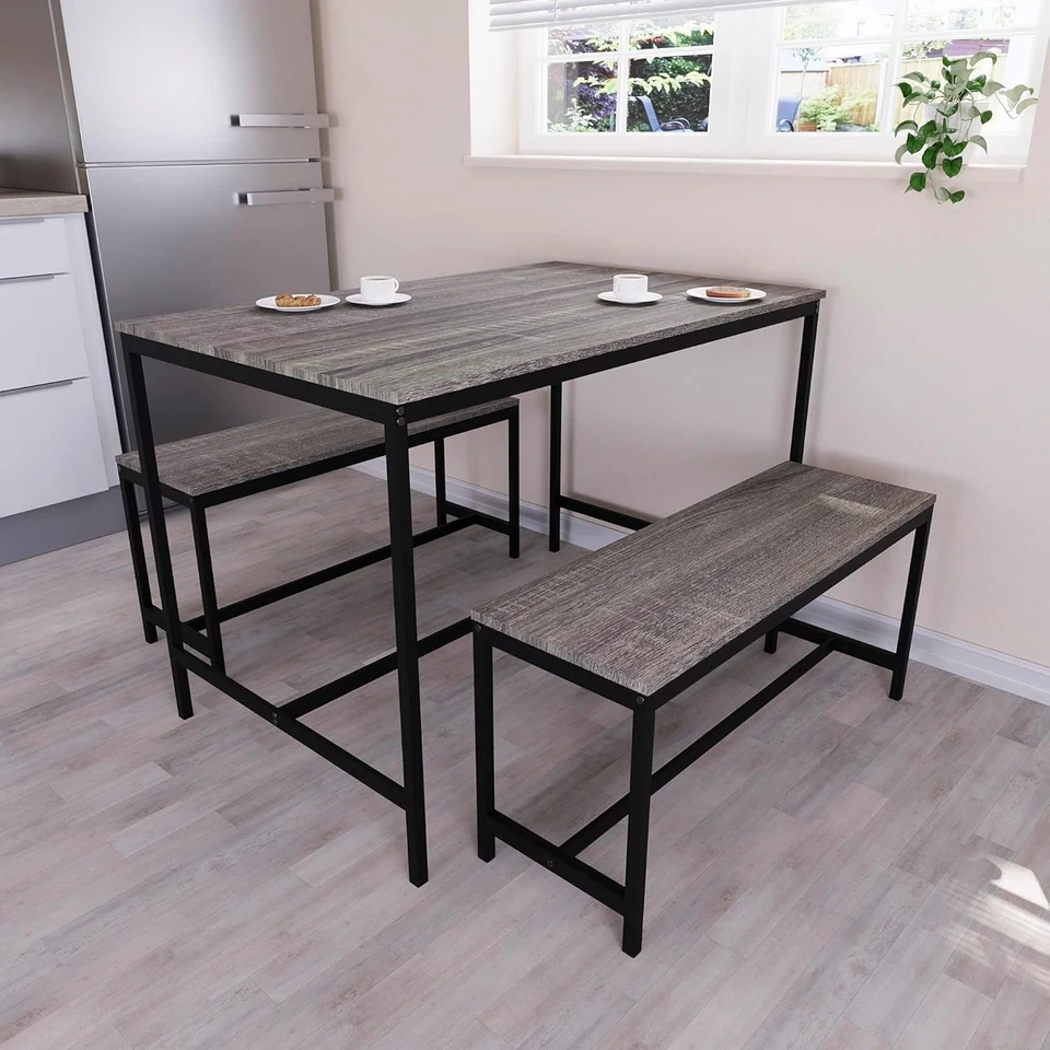 4 Seater Dining Table Set with 2 Benches - Solid Metal Frame, Modern Design - Image 1 of 4