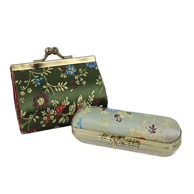 Vtg Silk Floral Kiss Lock Coin Clutch & Lipstick Case w Red Felt Lining & Mirror - Image 1 of 4