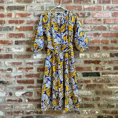 Talbots, Vestido Amarillo Azul Blanco, Botón Frontal, Bolsillos, Corbata en la Cintura, Talla 8P, ¡NUEVO! Foto 1 de 4