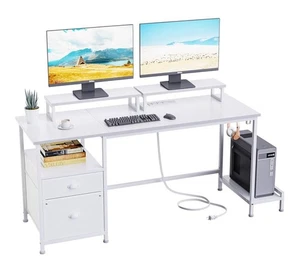 Furologee 55" Computer Desk with File Cabinet and Power Outlets Home Office Desk - Picture 1 of 7