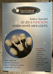 Battery Operated 50 LED Lights - 8 Function Warm White Mini Lights - Auto Timer - Picture 1 of 5