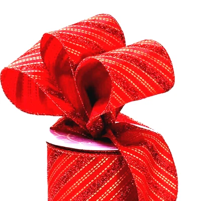 Red Glitter Diagonal Stripes 2.5" by 2 yd Wired Ribbon White Accents Christmas - Image 1 of 2