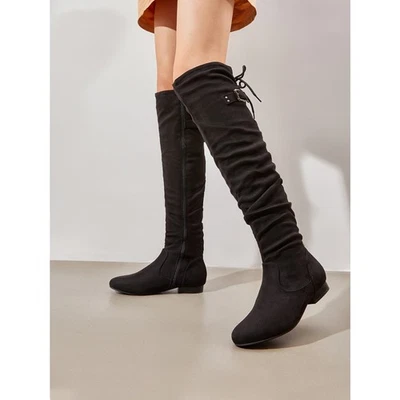 Mujeres Damas Moda Botas hasta el Muslo Clásicas Cremallera Plana PU Sobre la Rodilla Botas EE. UU. Foto 1 de 4