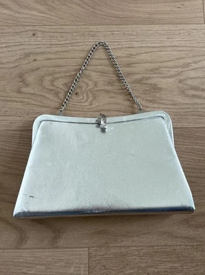 Vintage Silver Metallic Women Clutch Purse 60s Mod Style Chain Handle - Image 1 of 4