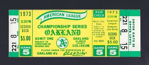 CLINCHER - GAME #5 - VINTAGE 1973 ALCS ORIOLES @ A'S FULL TICKET CATFISH HUNTER Cover