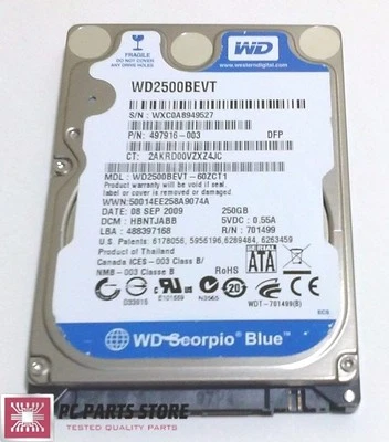 Western Digital 250GB 2.5 WD2500BEVT-60ZCT1 2061-701499-E00 AC FOR PARTS/REPAIR - Image 1 of 4