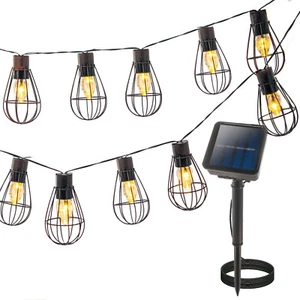 Solar Vintage String Lights 10 LED Bulbs, Metal Cage Lantern Fairy Patio Lights - Picture 1 of 8