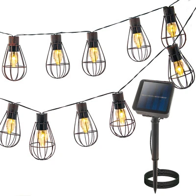 Solar Vintage String Lights 10 LED Bulbs, Metal Cage Lantern Fairy Patio Lights - Image 1 of 4