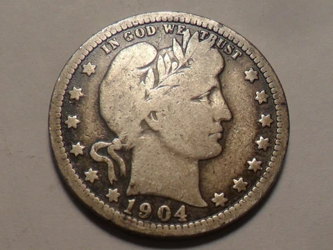 1904-P  NICE "BETTER GRADE" BARBER 90% SILVER QUARTER LOW MINTAGE 9,588,813! Cover