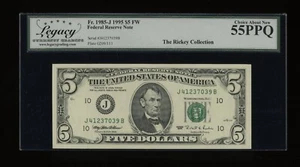 DBR 1995 $5 FRN Kansas City Fr. 1985-J Legacy 55 PPQ Serial J41237039B - Picture 1 of 2