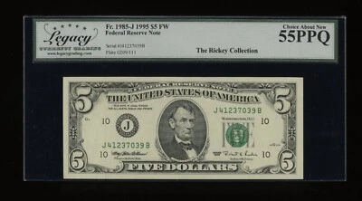 DBR 1995 $5 FRN Kansas City Fr. 1985-J Legacy 55 PPQ Serial J41237039B - Image 1 of 2