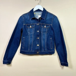 Anne Klein Denim Jacket Stretch Jean Jacket Dark Wash Gold Button Petite M - Picture 1 of 6